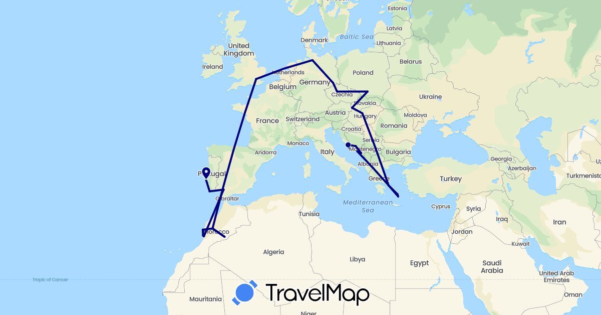 TravelMap itinerary: driving in Bosnia and Herzegovina, Czech Republic, Germany, Spain, United Kingdom, Greece, Croatia, Hungary, Morocco, Montenegro, Poland, Portugal, Slovakia (Africa, Europe)
